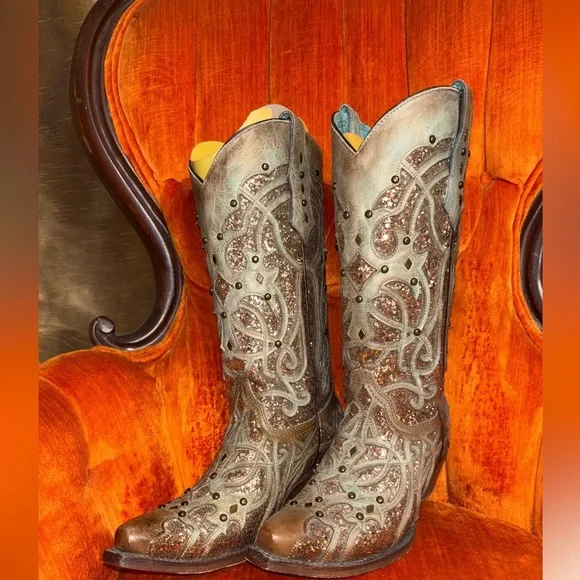 CORRAL WOMEN'S GOLDEN LUMINARY ROOTS WESTERN BOOTS - SNIP TOE 7.5 - Picture 1 of 8